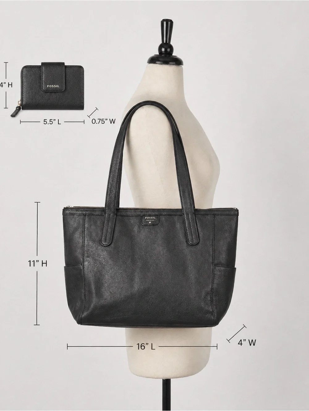 FOSSIL TOTE WALLET SET GENUINE LEATHER BLACK GOLD HARDWARE
